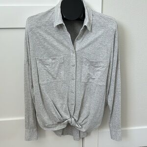 Lou & Grey for LOFT Heather Gray Tie High Low Button Down Knit Long Sleeve Top …